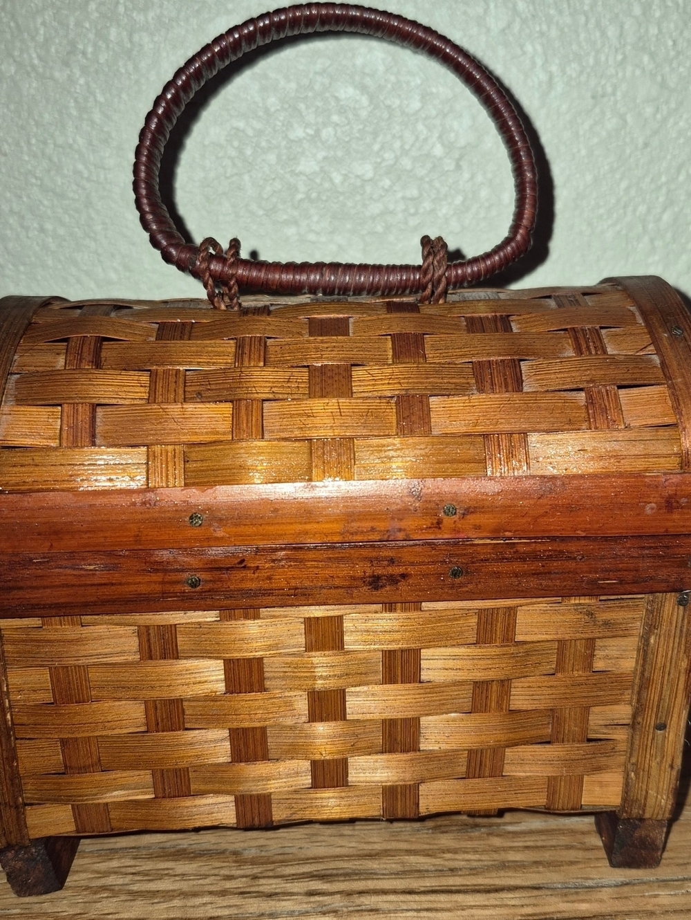 Vintage Small Tabletop Treasure Chest Trinket Jewelry Box Wicker Wood Weave